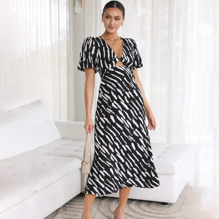 Robe De Cocktail Midi A Motif Manches Courtes Noir S