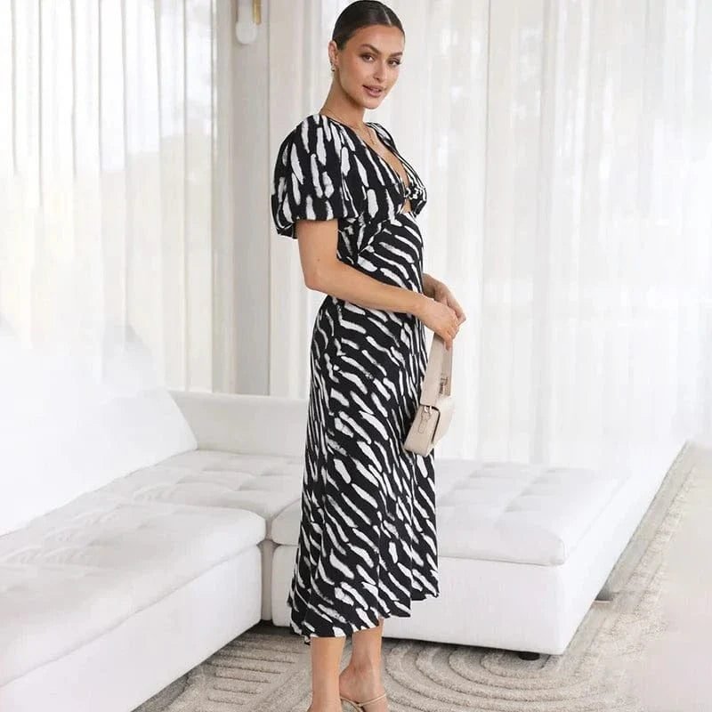 Robe De Cocktail Midi A Motif Manches Courtes