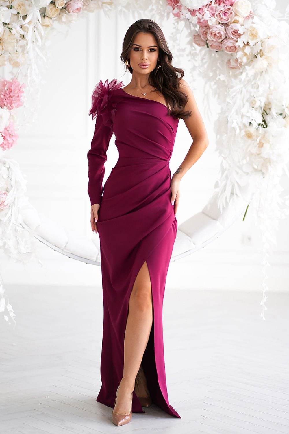 Robe De Gala Classe Fendue Une Manche Longue Bordeaux 34