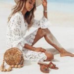 Robe De Plage Courte En Dentelle Manches Longues Blanc S