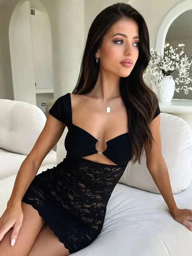 Robe De Plage Courte Moulante Bas En Dentelle Noir S