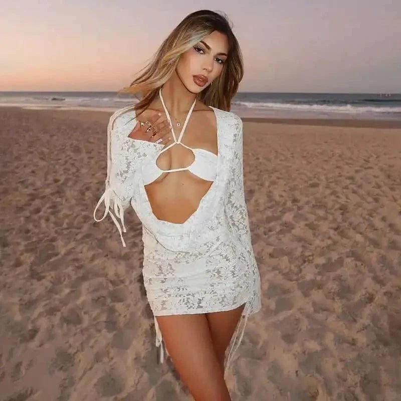Robe De Plage En Dentelle Courte Manches Longues Blanc S