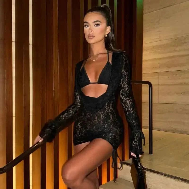 Robe De Plage En Dentelle Courte Manches Longues Noir S