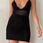 Robe De Plage Tricot Courte A Bretelles Noir S