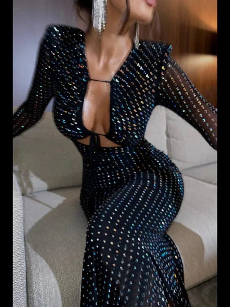 Robe De Soiree A Paillette Moulante Midi Noir S