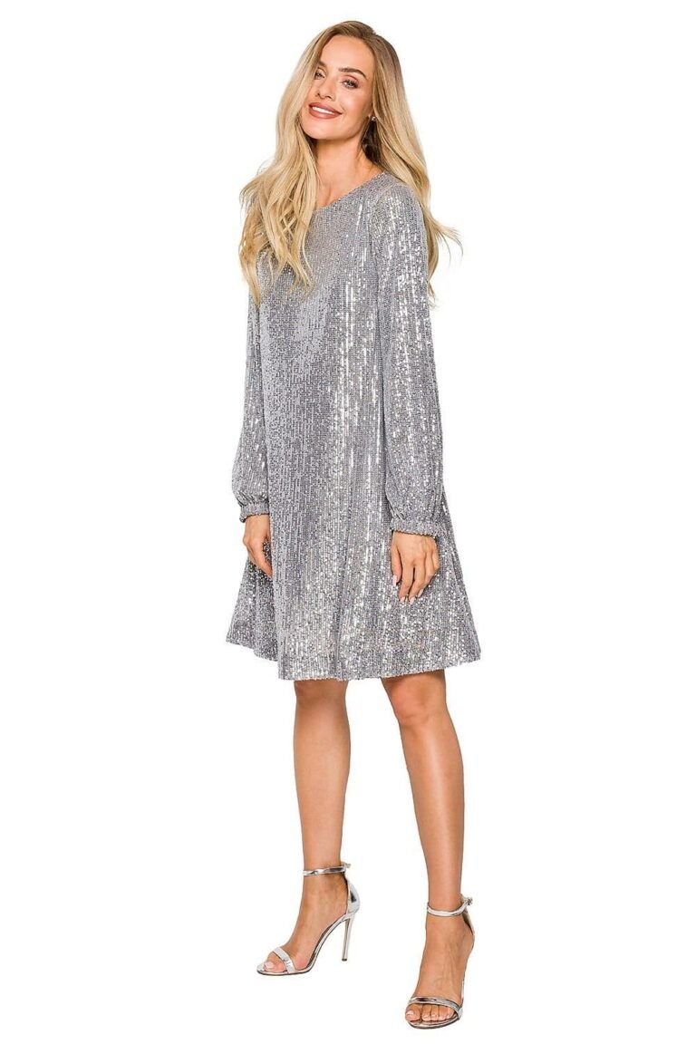 Robe De Soiree A Paillettes Argentee Manche Longue