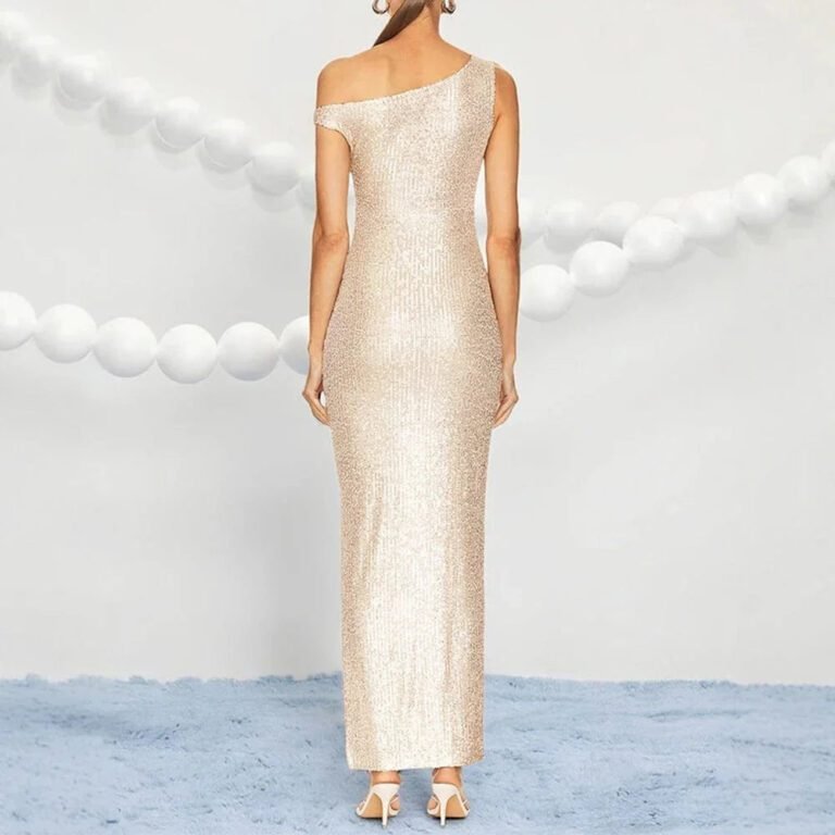 Robe De Soiree Beige Sequin Fendue 2