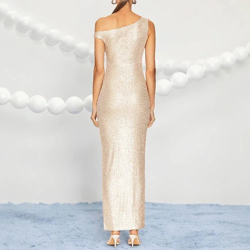 Robe De Soiree Beige Sequin Fendue 2