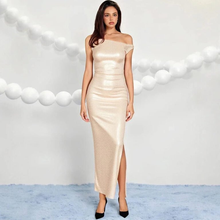 Robe De Soiree Beige Sequin Fendue