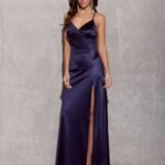 Robe De Soiree Bleue Marine Longue Fendue Satinee 2