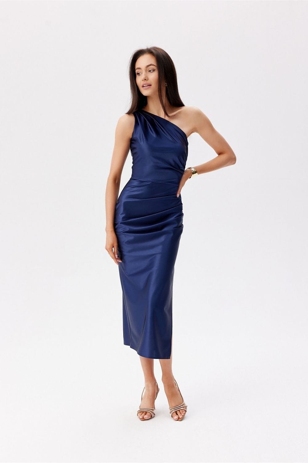Robe De Soiree Bleue Midi Asymetrique Satinee 2