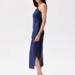 Robe De Soiree Bleue Midi Asymetrique Satinee 3