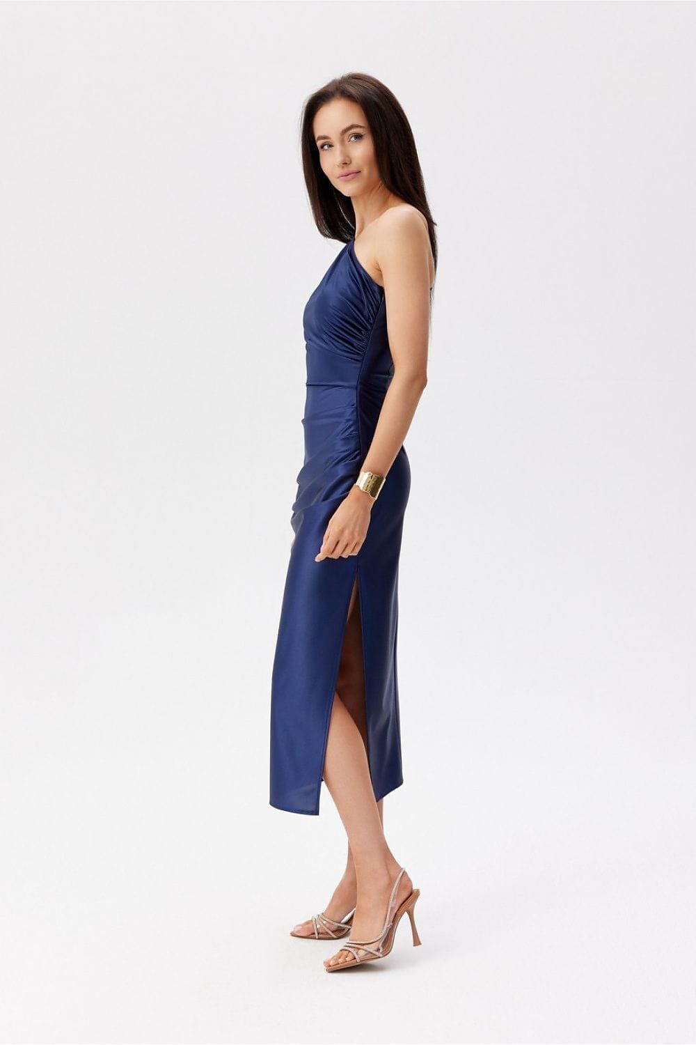 Robe De Soiree Bleue Midi Asymetrique Satinee 3