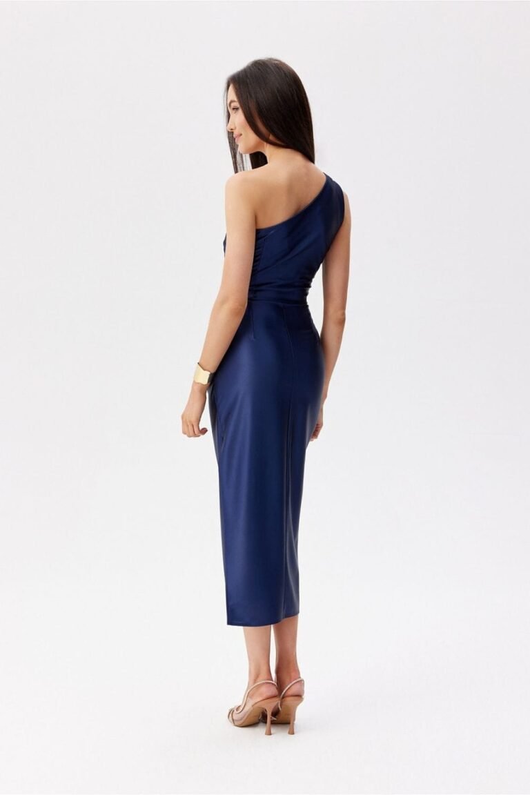 Robe De Soiree Bleue Midi Asymetrique Satinee