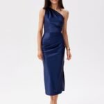 Robe De Soiree Bleue Midi Asymetrique Satinee Bleu 34