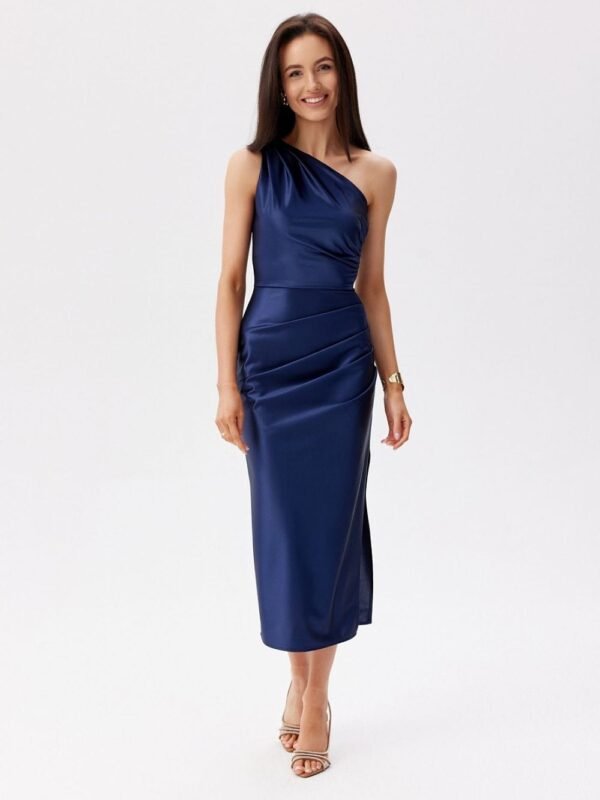 Robe De Soiree Bleue Midi Asymetrique Satinee Bleu 34