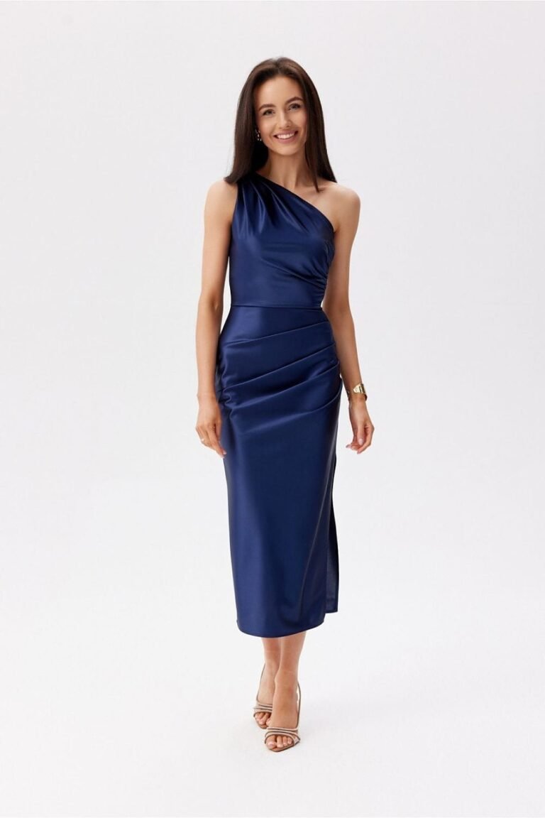 Robe De Soiree Bleue Midi Asymetrique Satinee Bleu 34