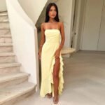 Robe De Soiree Bustier Fendue Fluide Jaune S