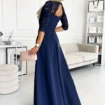 Robe De Soiree Chic Bleue Marine Haut En Dentelle