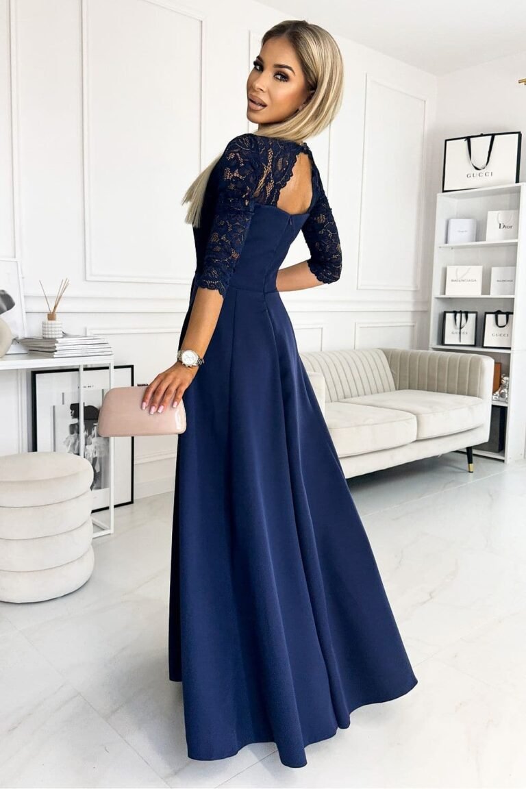Robe De Soiree Chic Bleue Marine Haut En Dentelle