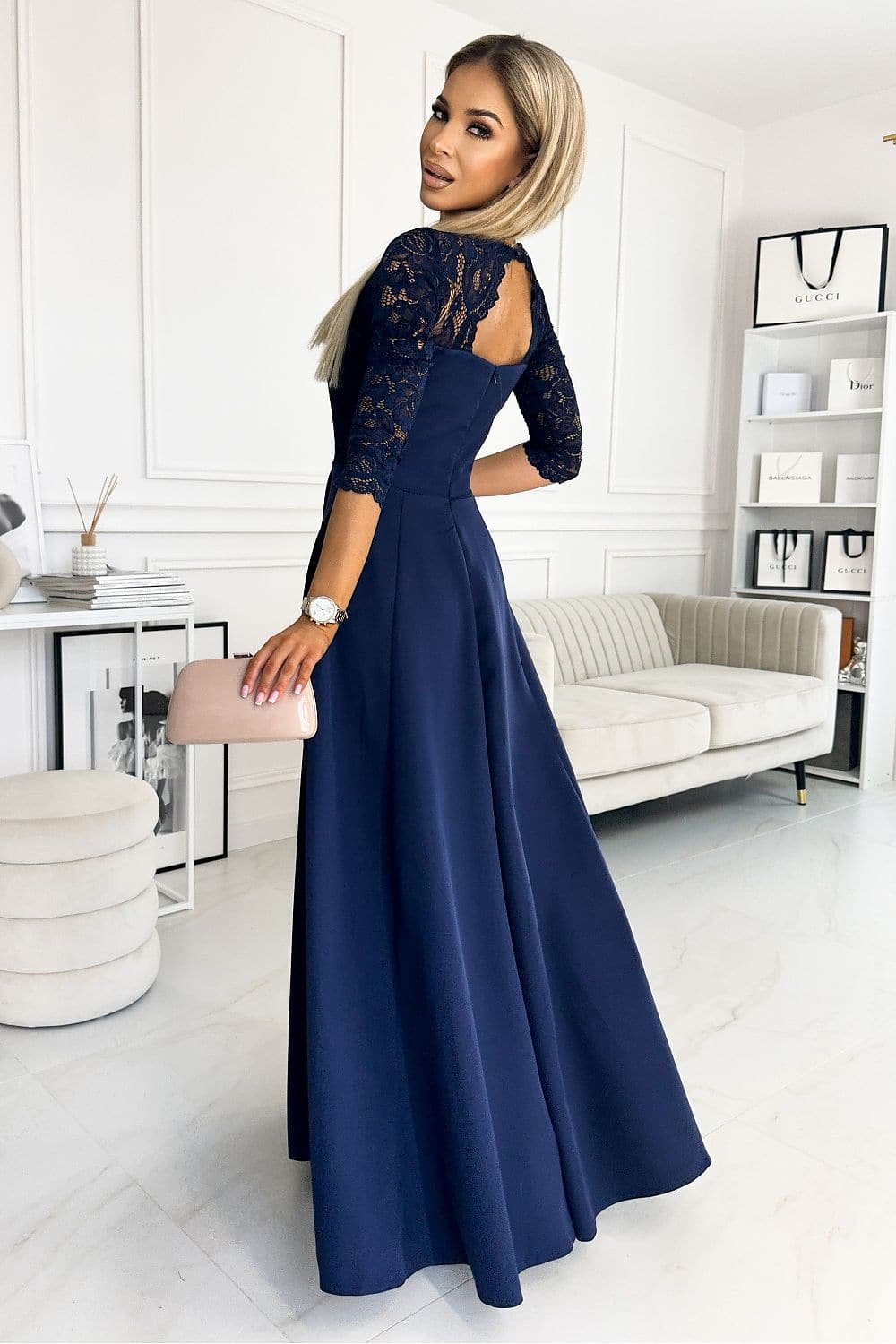 Robe De Soiree Chic Bleue Marine Haut En Dentelle