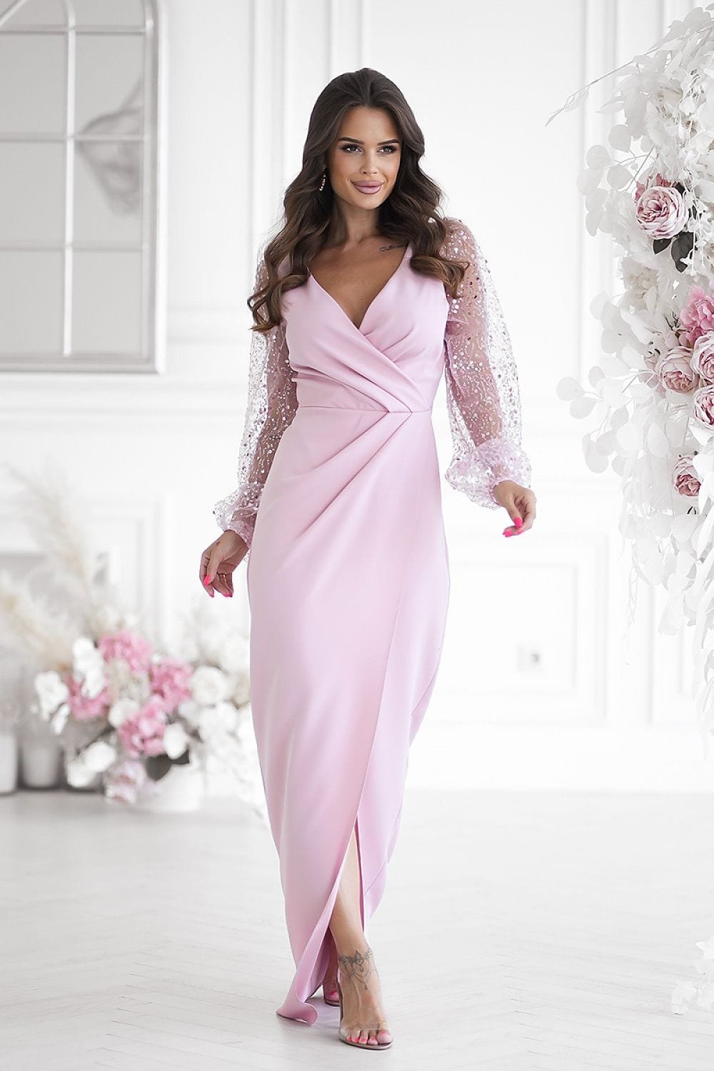 Robe De Soiree Chic Longue Drappee Rose Pastel 34