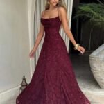 Robe De Soiree Chic Longue En Dentelle Bordeaux S