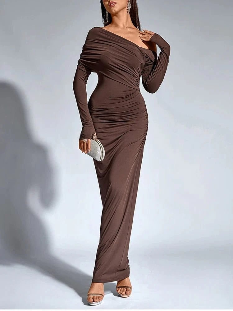 Robe De Soiree Chic Longue Manches Longues Marron Xs
