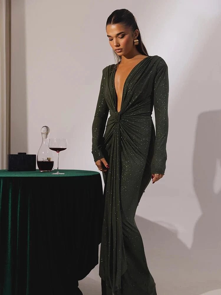 Robe De Soiree Chic Manche Longue Fendue Vert S