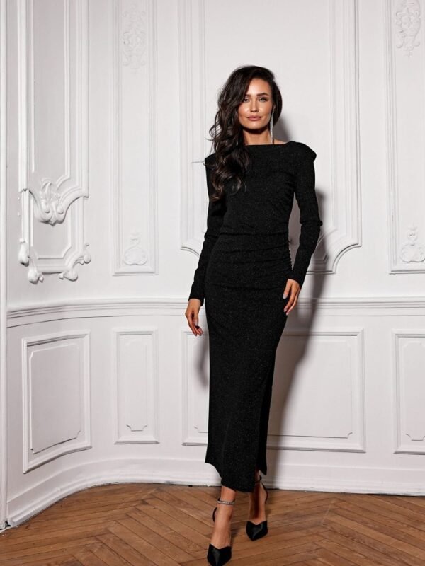 Robe De Soiree Chic Manche Longue Midi Moulante Noir 36