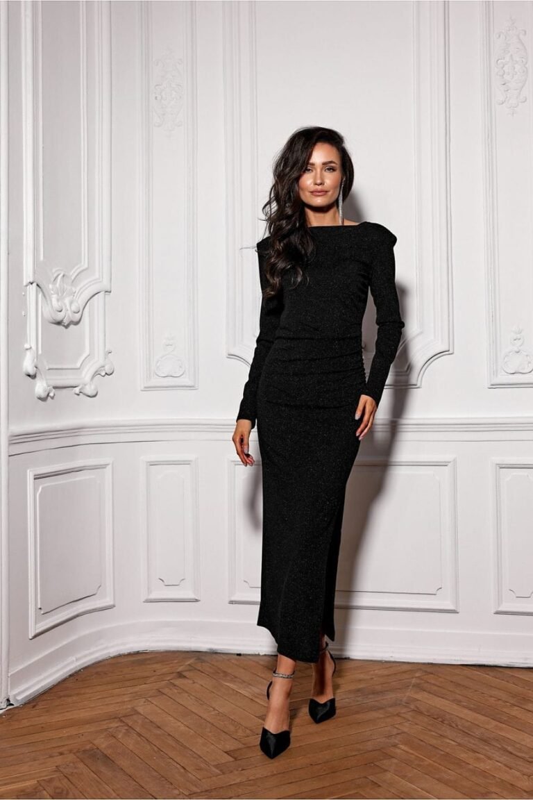 Robe De Soiree Chic Manche Longue Midi Moulante Noir 36