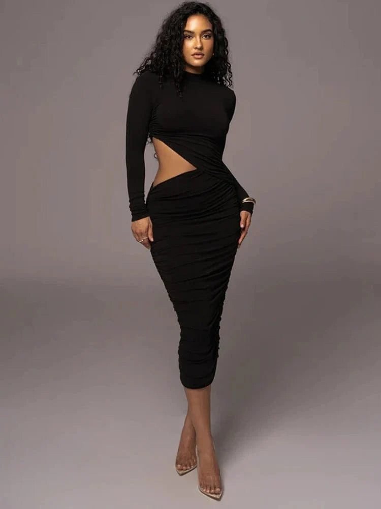 Robe De Soiree Chic Midi A Manche Longue Noir S