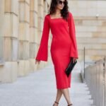 Robe De Soiree Chic Midi Manches Evasees Rouge 36
