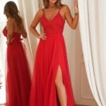 Robe De Soiree Chic Rouge Longue Fendue