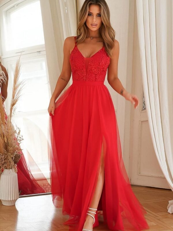 Robe De Soiree Chic Rouge Longue Fendue Rouge 34