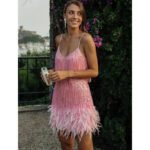 Robe De Soiree Courte A Franges Et Plumes Rose S