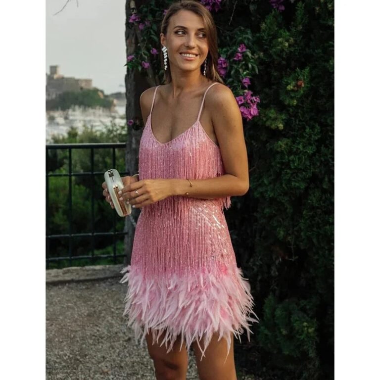 Robe De Soiree Courte A Franges Et Plumes Rose S