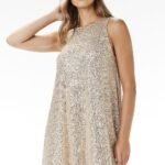 Robe De Soiree Courte Pailletee Sans Manches Beige S