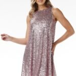 Robe De Soiree Courte Pailletee Sans Manches Rose S