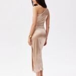 Robe De Soiree Doree Satinee Asymetrique Midi