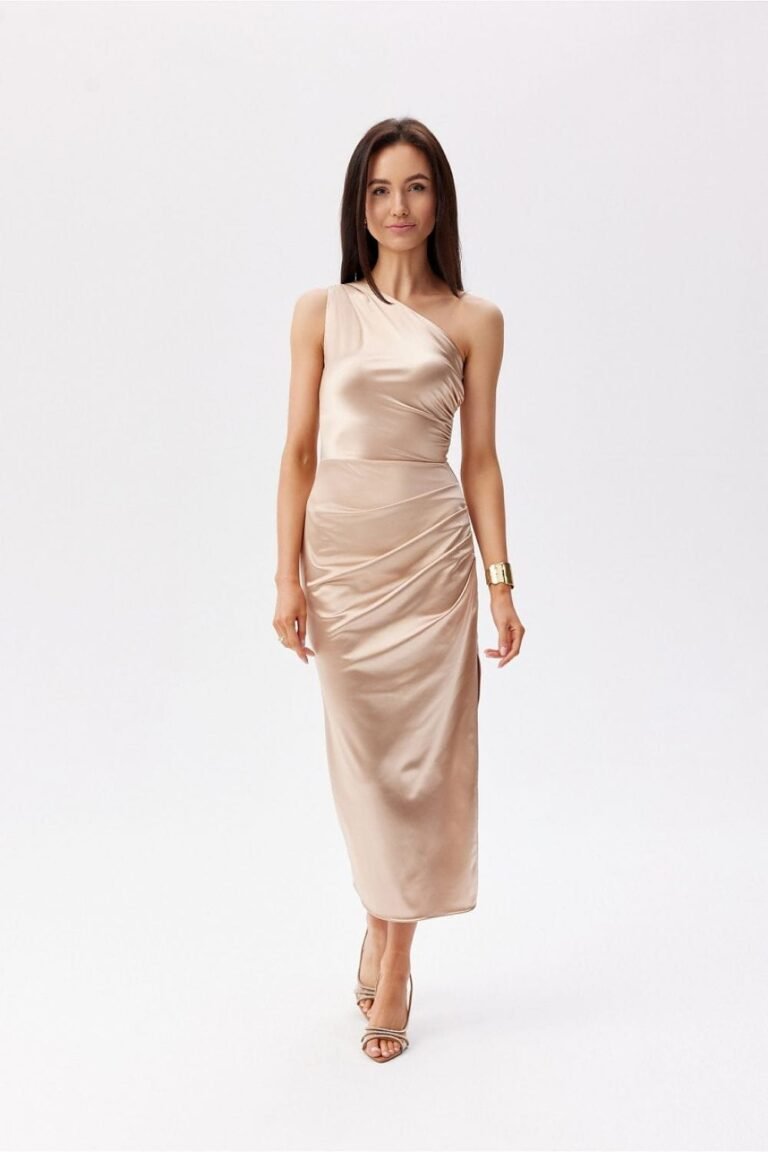 Robe De Soiree Doree Satinee Asymetrique Midi Dore 34