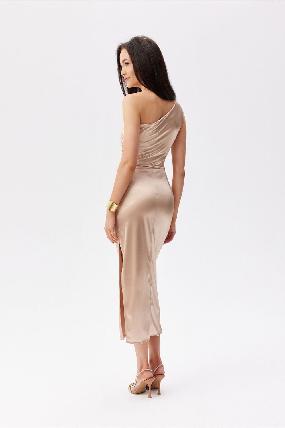 Robe De Soiree Doree Satinee Asymetrique Midi
