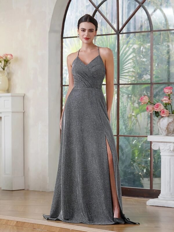 Robe De Soiree Dos Nu Longue Fendue Argente 32