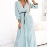 Robe De Soiree Elegante Longue Jupe Plissee Bleu Taille Unique