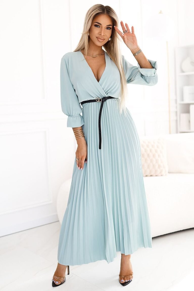 Robe De Soiree Elegante Longue Jupe Plissee Bleu Taille Unique