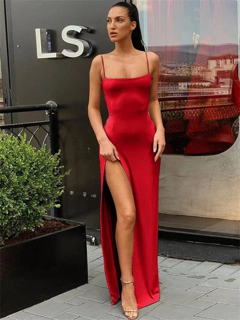 Robe De Soiree Fendue Chic Ete Rouge S