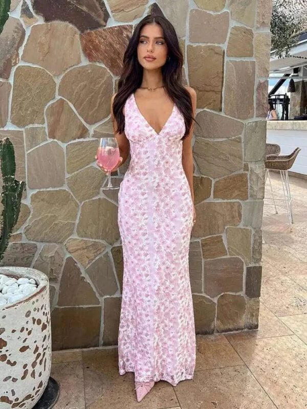 Robe De Soiree Fleurie Longue Dos Nu Rose S