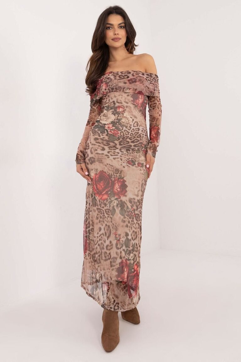 Robe De Soiree Fleurie Longue Epaules Denudees Beige Taille Unique