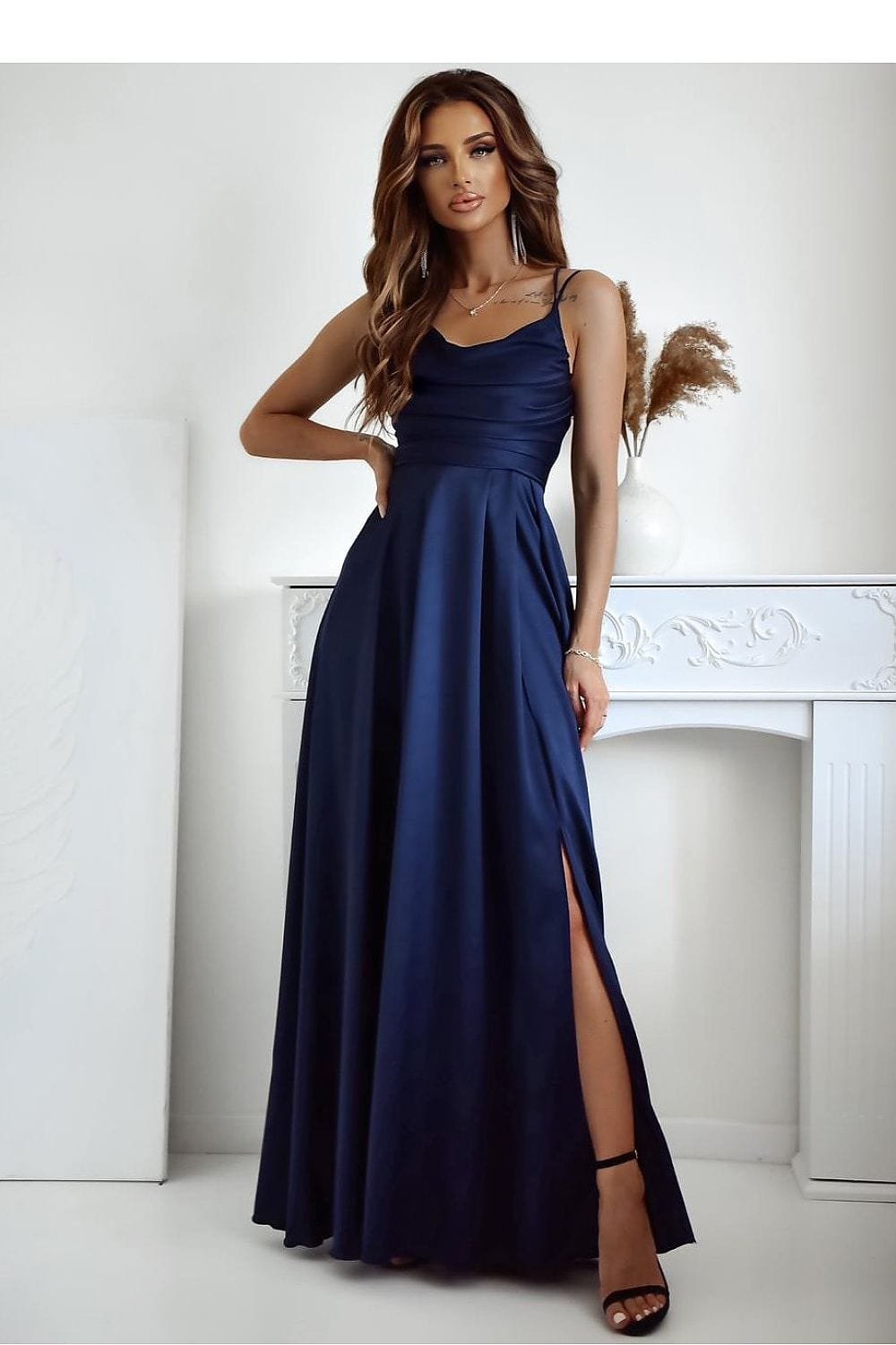 Robe De Soiree Longue Fendue Chic Bleu Marine 32