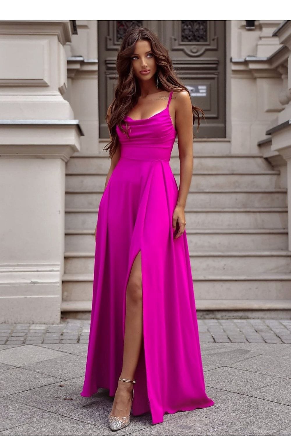 Robe De Soiree Longue Fendue Chic Rose 32